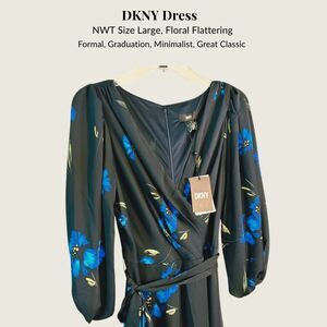 NWT DKNY Navy Floral Classic Capsule Wrap Dress Midi, Minimalist, Size Large